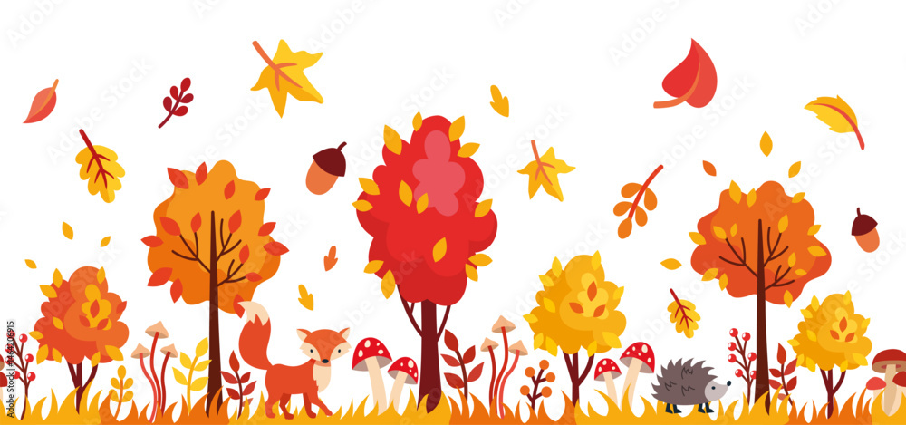 Obraz premium Autumn forest. . Set of autumn leaves, trees, mushrooms, berries, animals in flat style. isolated on white background