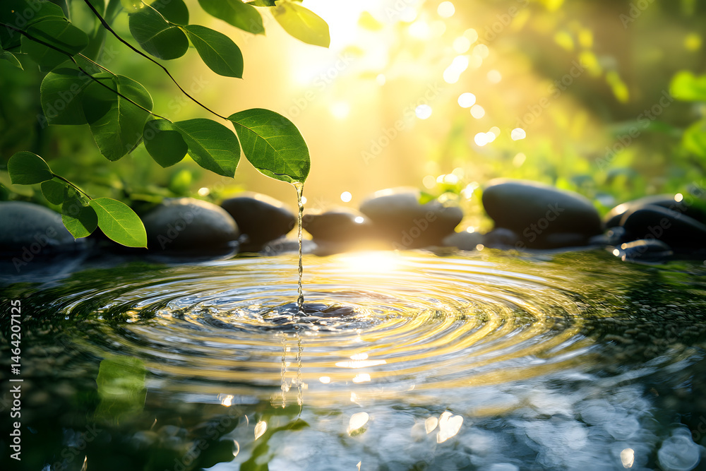 Golden Dawn: A Serene Spring Water Emergence in Nature's Oasis Capturing Tranquility and Renewal