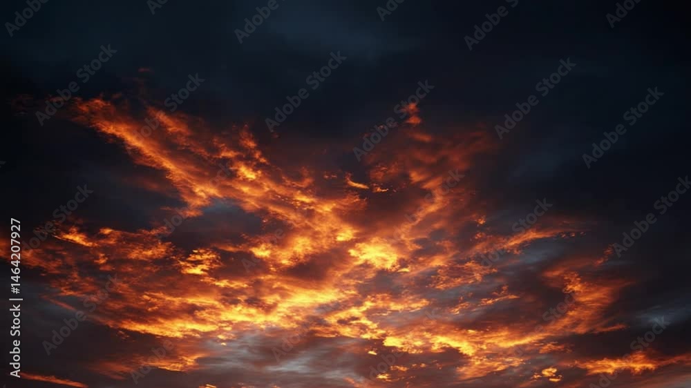 Dramatic sunset with vibrant orange and red clouds illuminated against a dark sky