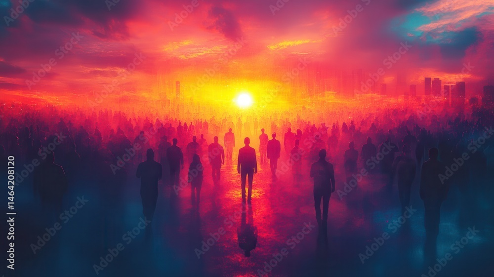 Silhouettes of People Walking Towards Bright Horizon people walking horizon crowd silhouette sunset Silhouettes of People Walking Towards Bright Horizon people walking horizon crowd silhouette sunset