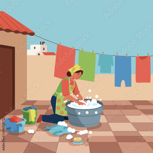 Woman Washing Clothes in a Bucket Outdoors on Tiled Surface