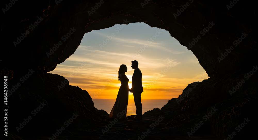 Fototapeta premium A couple in silhouette stands inside a rocky cave at golden hour sunset