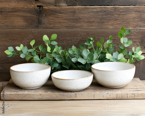 Three speckled ceramic bowls of varying sizes sit on a wooden board, adorned with eucalyptus sprigs against a rustic wooden backdrop