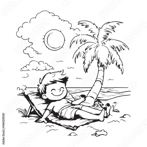 Happy Boy Relaxing on Beach Hammock | Cartoon Line Art for Kids Coloring Book