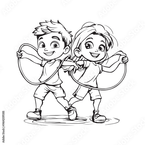 Happy Kids Jumping Rope Together | Fun Line Art Drawing for Children Activities