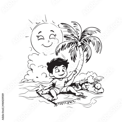 Happy Kid Enjoying Tropical Beach | Hand Drawn Summer Scene in Line Art Style