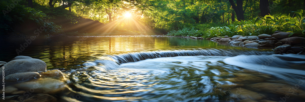 Golden Dawn: A Serene Spring Water Emergence in Nature's Oasis Capturing Tranquility and Renewal