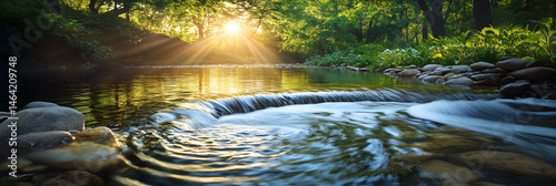 Obraz na płótnie Golden Dawn: A Serene Spring Water Emergence in Nature's Oasis Capturing Tranquility and Renewal w salonie