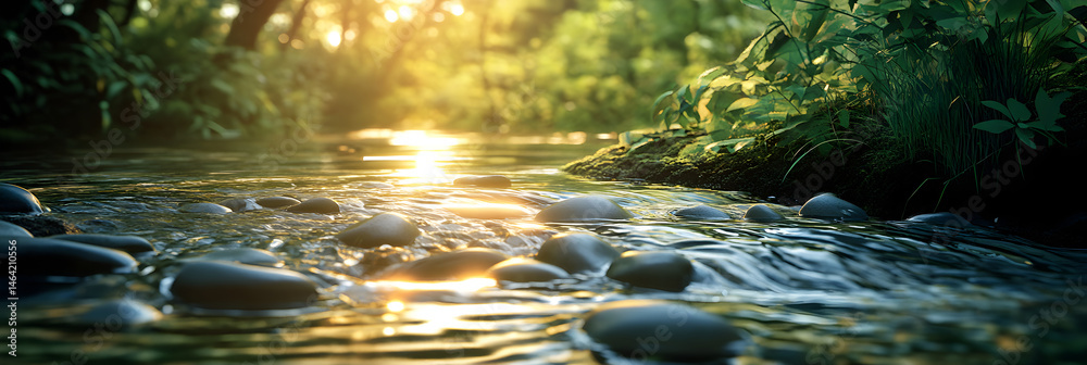 Golden Dawn: A Serene Spring Water Emergence in Nature's Oasis Capturing Tranquility and Renewal