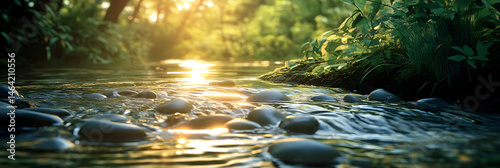Obraz na płótnie Golden Dawn: A Serene Spring Water Emergence in Nature's Oasis Capturing Tranquility and Renewal w salonie
