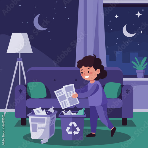 Child Recycling Paper at Night in Living Room Environment