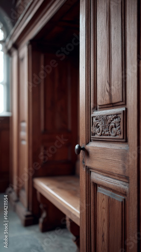 Ornate wooden confessional whispers secrets of redemption, stained oak echoes, Lent reflection sanctuary, timeless spiritual haven