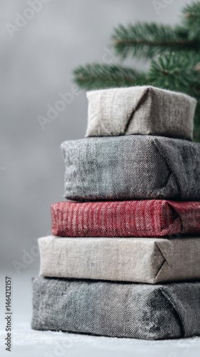 Textured gifts stacked like ancient runes, whispering secrets of Yule tidings and solstice celebrations amidst evergreen whispers