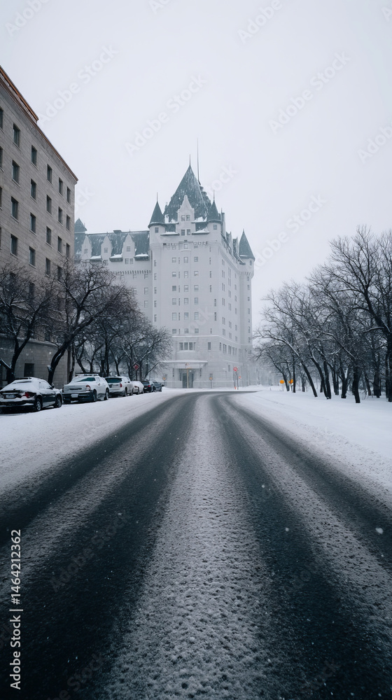 Obraz premium Snow-kissed fairy tale castle amidst quiet urban winter, evoking Yuletide serenity and Frost Maiden Festival enchantment