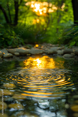Golden Dawn: A Serene Spring Water Emergence in Nature's Oasis Capturing Tranquility and Renewal