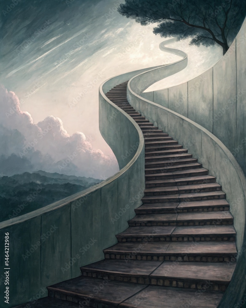 A winding staircase that appears to rise indefinitely with each step represented as a heavy weight evoking the burden of climbing ones way out of anxiety.