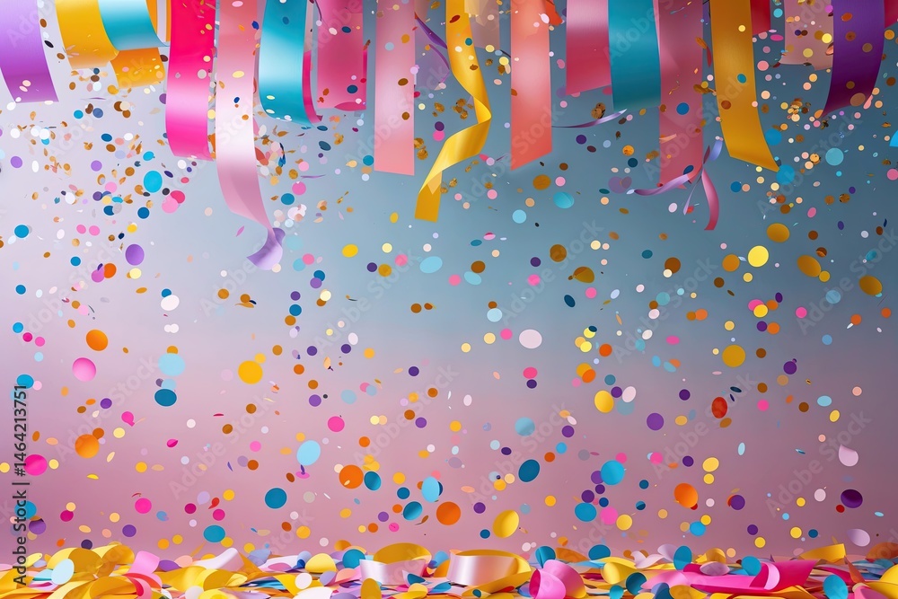Fototapeta premium Colorful Confetti and Ribbons Showering Over a Joyful Pastel Celebration Backdrop