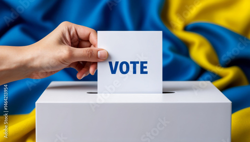 A hyperrealistic symbolic image of democratic election voting with a hand placing a vote ballot into a box against the ukrainian flag