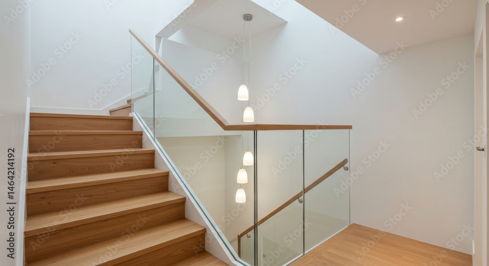 Fototapeta premium Modern staircase with wooden steps and glass railing in bright interior setting