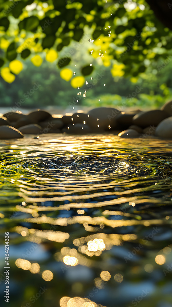 Golden Dawn: A Serene Spring Water Emergence in Nature's Oasis Capturing Tranquility and Renewal