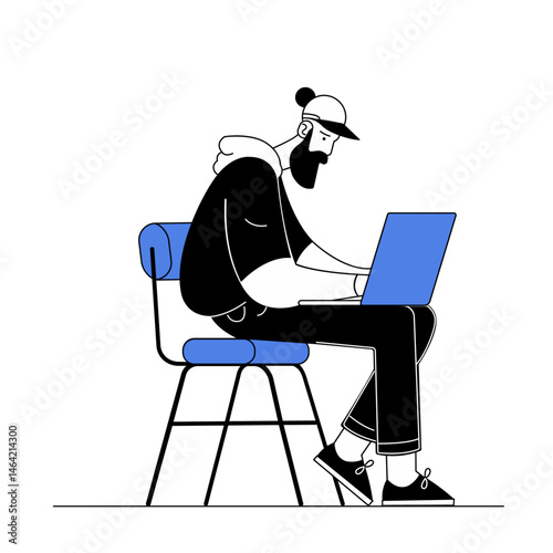 Man Laptop Computer Work Freelance Remote Office Desk Illustration Character Digital Typing Device Job Online Internet Workspace trendy hipster man working remotely on laptop in minimal flat style