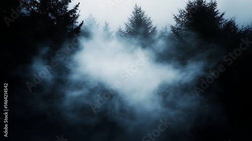 Dark Forest Landscape with Thick Fog and Blueish Mist