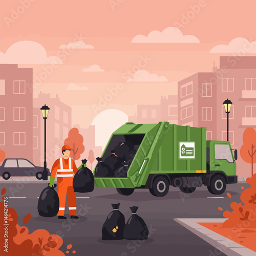 Garbage Collection Worker Loading Trash Bags Into Truck in City