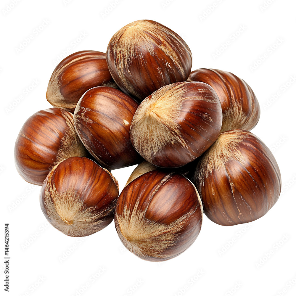 Obraz premium Delicious Roasted Chestnuts A Pile of Warm Brown Sweet Chestnuts Ready to Eat isolated transparent on white background