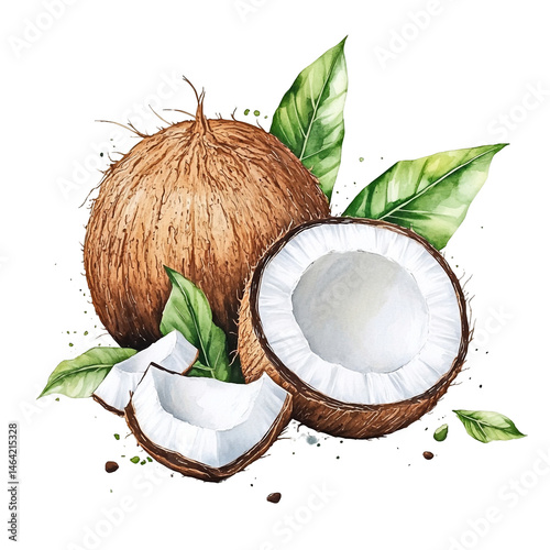 Fresh Whole Coconuts with Halved Pieces and Lush Green Leaves Watercolor Illustration isolated transparent on white background
