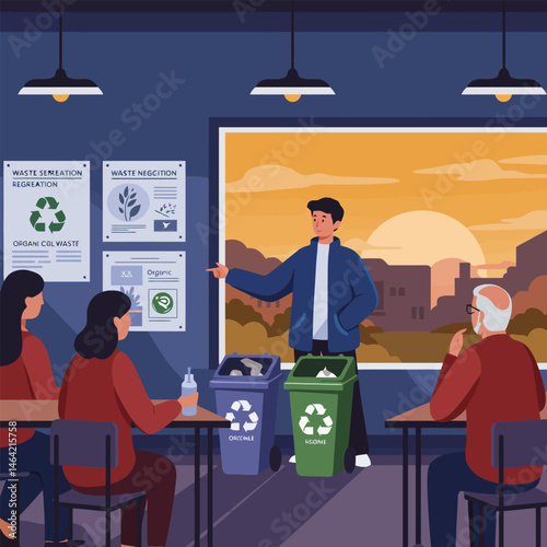 People Learning Waste Sorting in Classroom with Recycling Bins and Posters