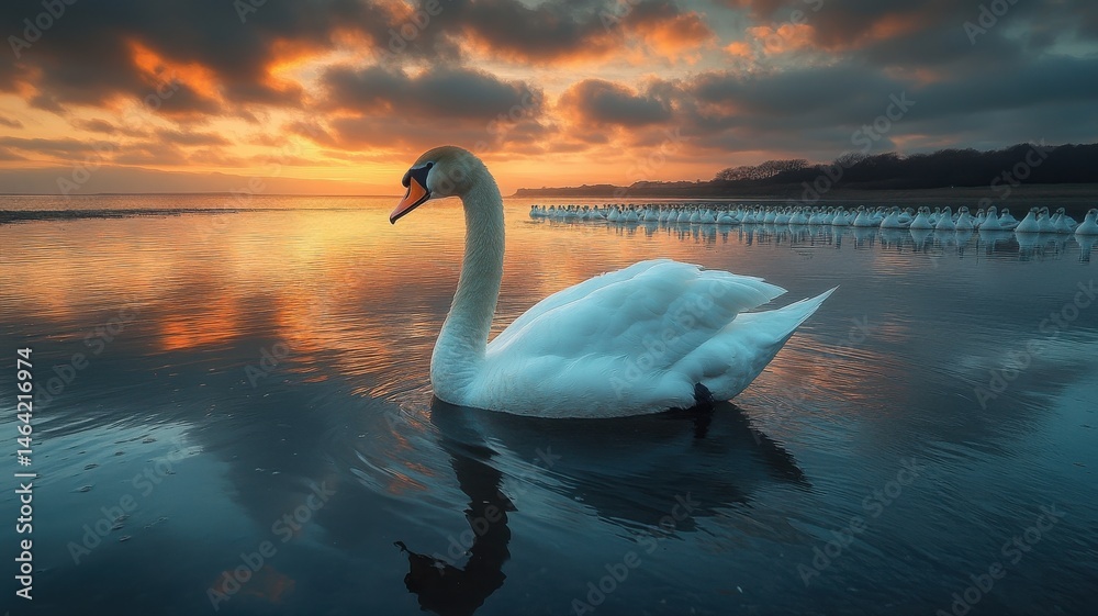 Fototapeta premium Majestic Swan and Flock at Golden Hour Sunset swan flock sunset majestic bird wildlife animal group