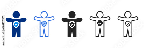 body icon set multiple style collection. A person standing with open arms and a shield on their chest, representing physical presence, self-assurance, and protection.