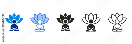 stress reduction icon set multiple style collection. A person meditating in a lotus position with a large lotus flower behind them, symbolizing stress relief, mindfulness, and inner peace