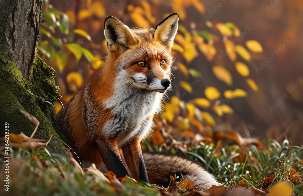 Fototapeta premium red fox wild mammal with red fur, sitting in the grass, portrait of a natural wild animal predator