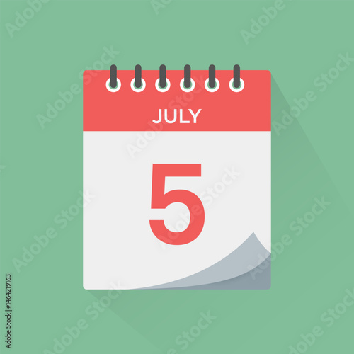 Day calendar icon with date 5 July vector. Event calendar reminder, business meeting schedule sign, appointment date symbol, page calendar agenda planner, calendar deadline template illustration.