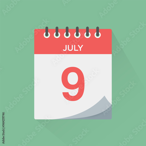 Day calendar icon with date 9 July vector. Event calendar reminder, business meeting schedule sign, appointment date symbol, page calendar agenda planner, calendar deadline template illustration.