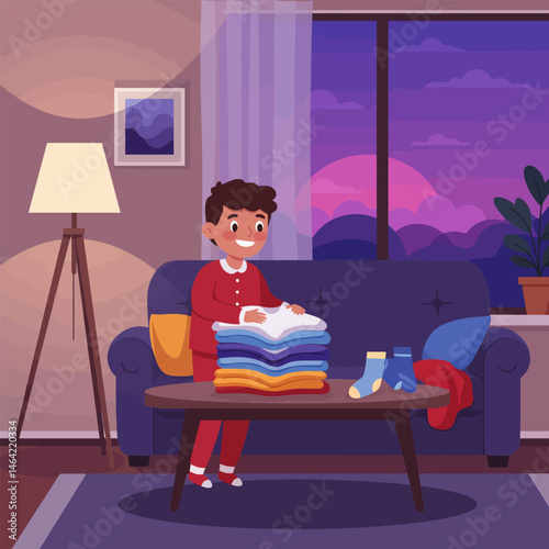 Boy Folding Clean Laundry at Home Near Window During Evening