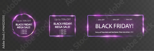 Glowing Black Friday sale banner with bright light frame, discount percentages, and call-to-action text on dark purple background.	
