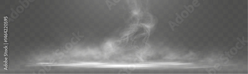 Abstract white smoke or steam rising in spotlight on dark background, mystical vapor effect.
