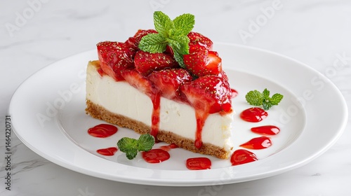 Strawberry cheesecake slice with mint leaves and red sauce on white plate in gourmet dessert presentation