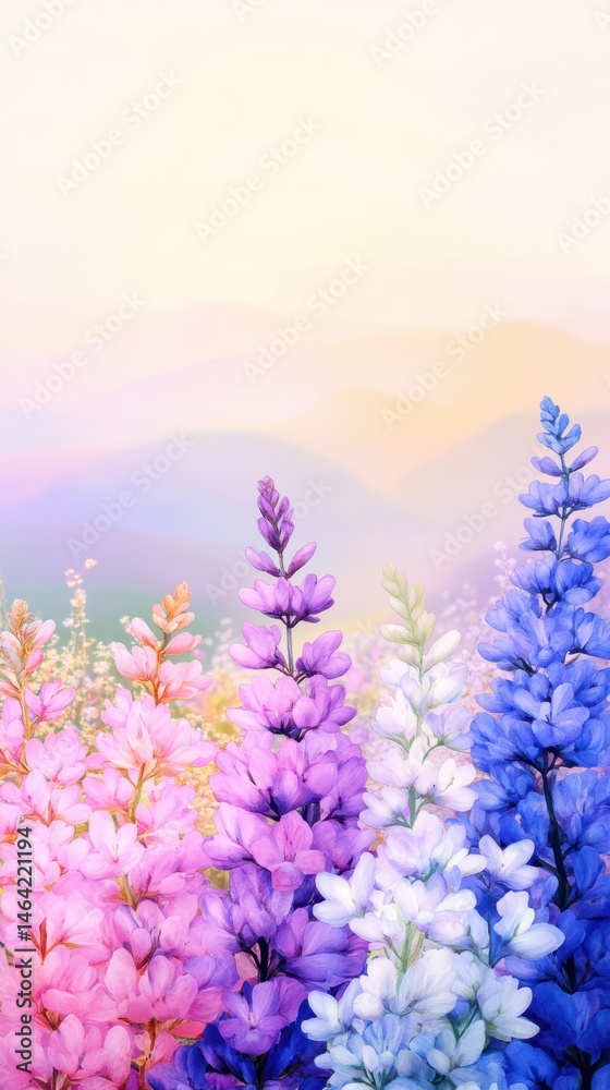 Lupine Dreamscape: A vibrant display of lupine flowers in a rainbow of hues, standing tall against a backdrop of dreamy mountains, creating a sense of peace and natural beauty.