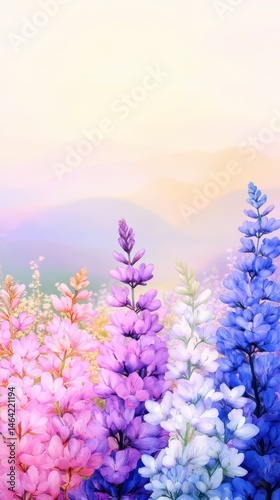 Obraz na płótnie Lupine Dreamscape: A vibrant display of lupine flowers in a rainbow of hues, standing tall against a backdrop of dreamy mountains, creating a sense of peace and natural beauty. w salonie