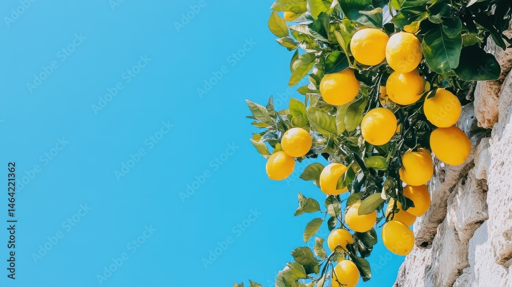 Sunny Citrus Abundance: A vibrant lemon tree laden with ripe yellow lemons cascades against a brilliant blue sky.