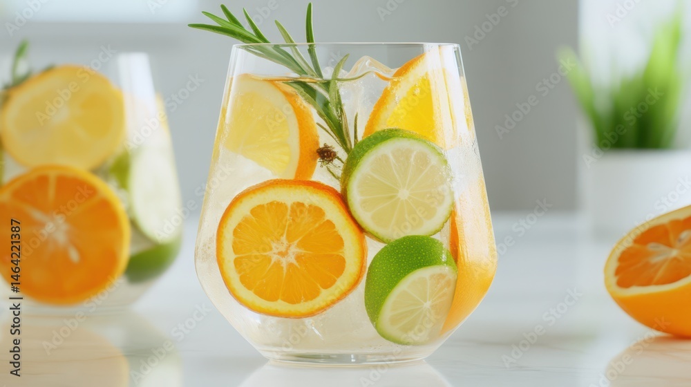 Citrus Cocktail: A vibrant refreshing summer cocktail garnished with citrus fruits and rosemary branch, inviting a moment of pure bliss and taste.