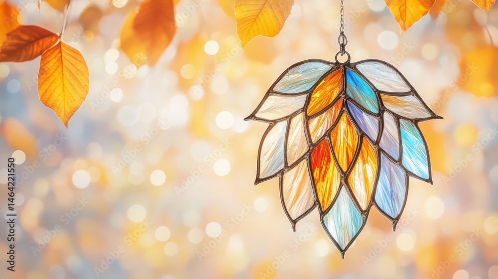 Autumnal Stained Glass Leaf: A handcrafted stained glass leaf pendant in warm autumnal colors hangs amidst blurred bokeh of autumn leaves, creating a magical and serene atmosphere.