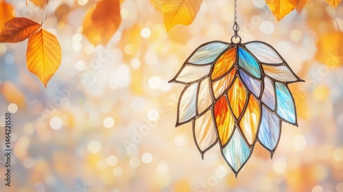 Obraz na płótnie Autumnal Stained Glass Leaf: A handcrafted stained glass leaf pendant in warm autumnal colors hangs amidst blurred bokeh of autumn leaves, creating a magical and serene atmosphere. w salonie