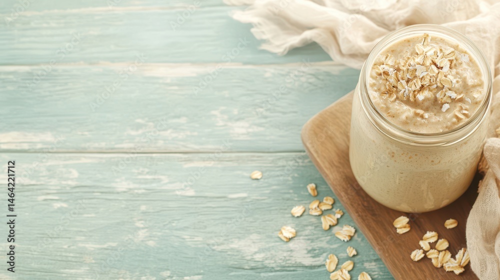 Rustic Oatmeal Delights: A close-up shot of a jar brimming with creamy oatmeal, beautifully displayed on a wooden board with scattered oats.