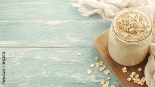 Rustic Oatmeal Delights: A close-up shot of a jar brimming with creamy oatmeal, beautifully displayed on a wooden board with scattered oats.