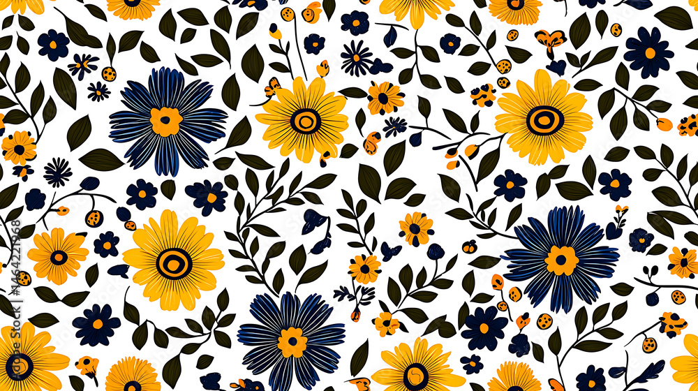 Cheerful seamless floral pattern with yellow and blue flowers and green leaves creating vibrant and happy background perfect Cheerful seamless floral pattern with yellow and blue flowers and green leaves creating vibrant and happy background perfect