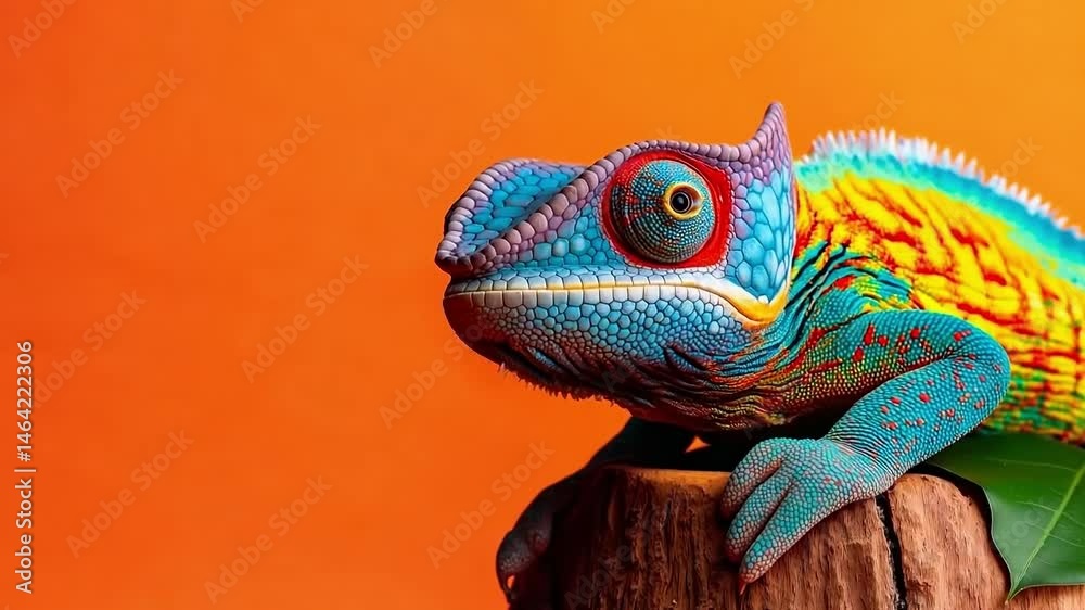 A colorful chameleon sitting on top of a tree stump